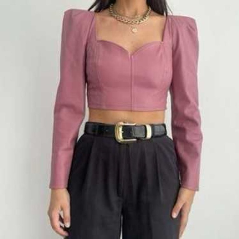 Zara Mauve Long Sleeve Crop Top Faux Leather Size XS